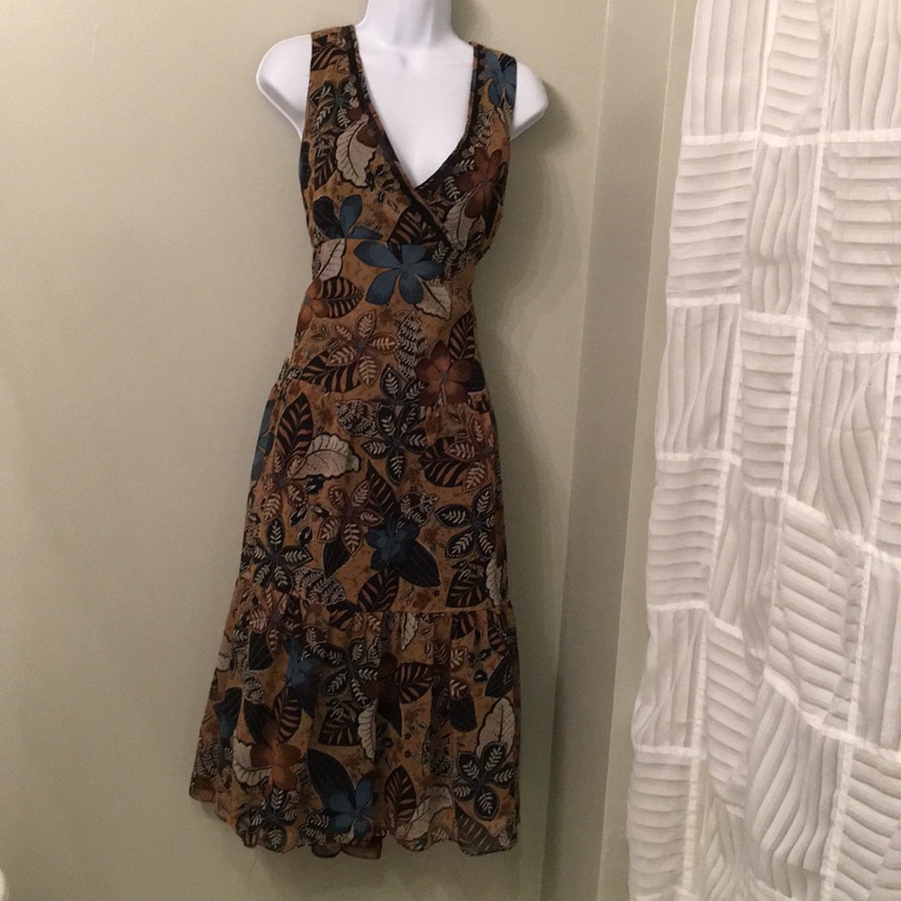 Brown and teal floral , hippie/peasant style dress
